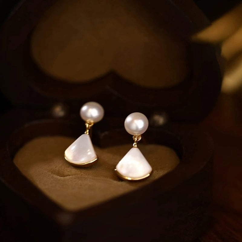 925 Pure Silver Natural Freshwater Pearl Earring Fan Shaped Shell Pendant