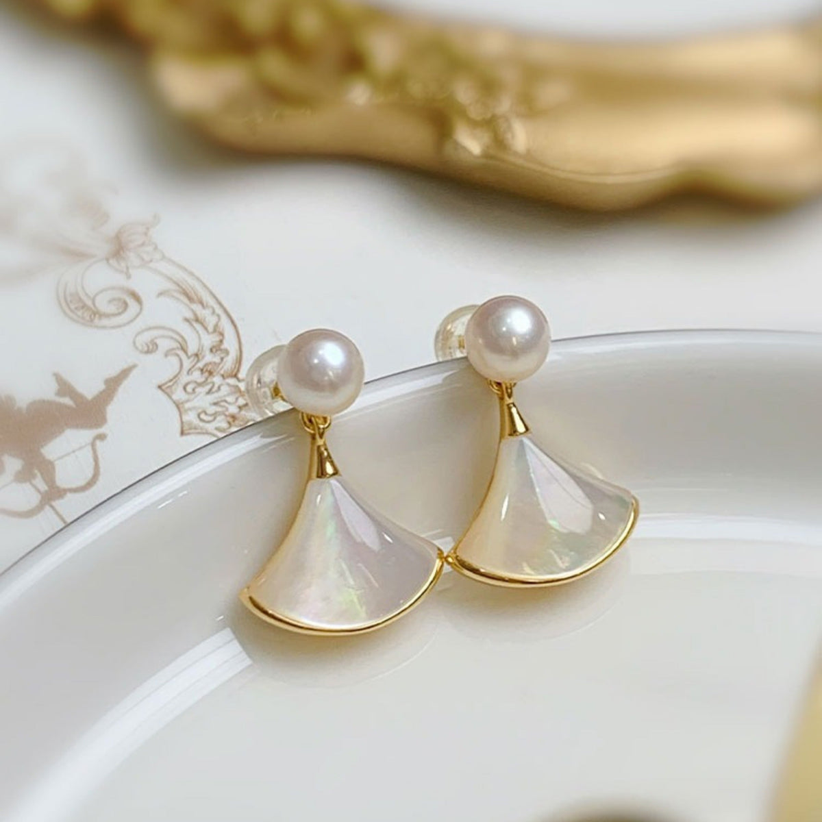 925 Pure Silver Natural Freshwater Pearl Earring Fan Shaped Shell Pendant