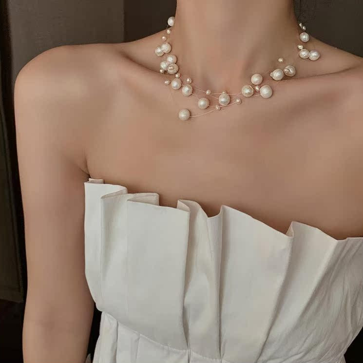 18K Gold Full of Stars Natural Freshwater Pearl Necklace Sweater Chain Collarbone Chain