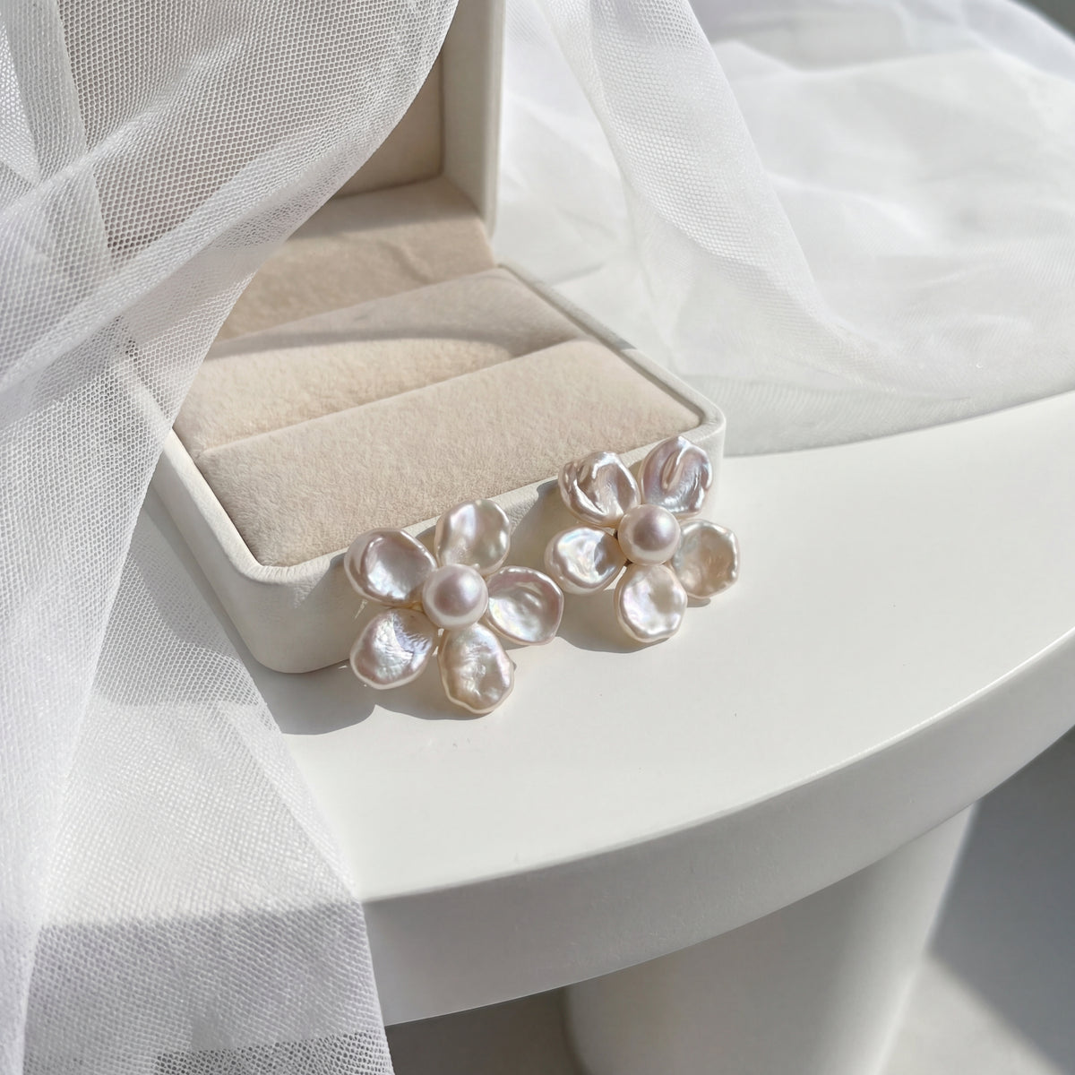 Handmade Pearl Flower Stud Earrings - Natural Freshwater Floral Jewelry